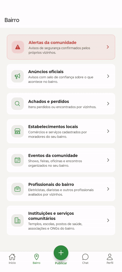 Demonstração dos alertas do bairro no app MeuBairro+