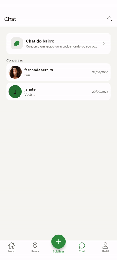 Demonstração do chat privado e de bairro no app MeuBairro+