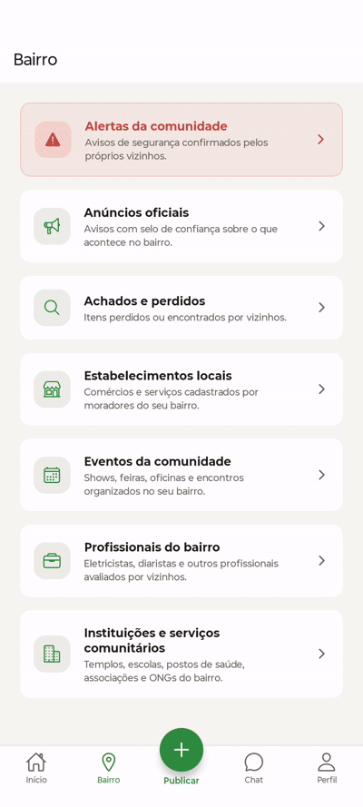Demonstração da lista de negócios locais no app MeuBairro+