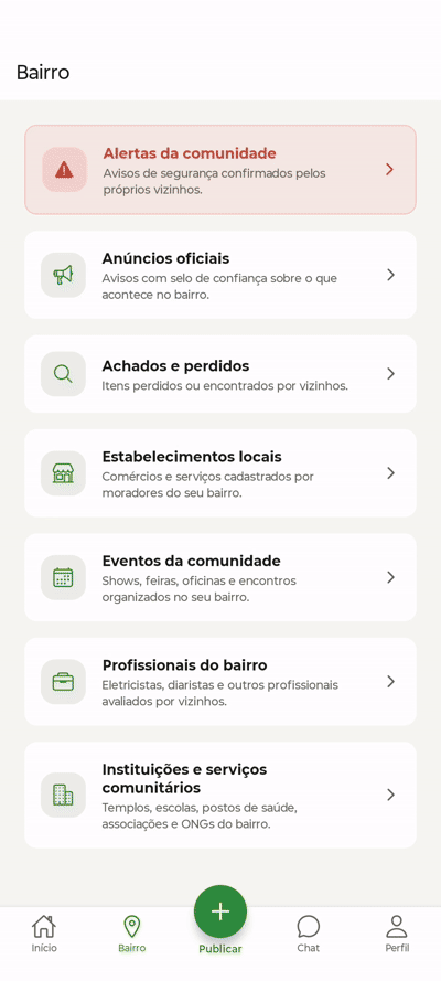 Demonstração dos eventos da comunidade no app MeuBairro+