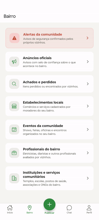 Demonstração de instituições e serviços do bairro no app MeuBairro+
