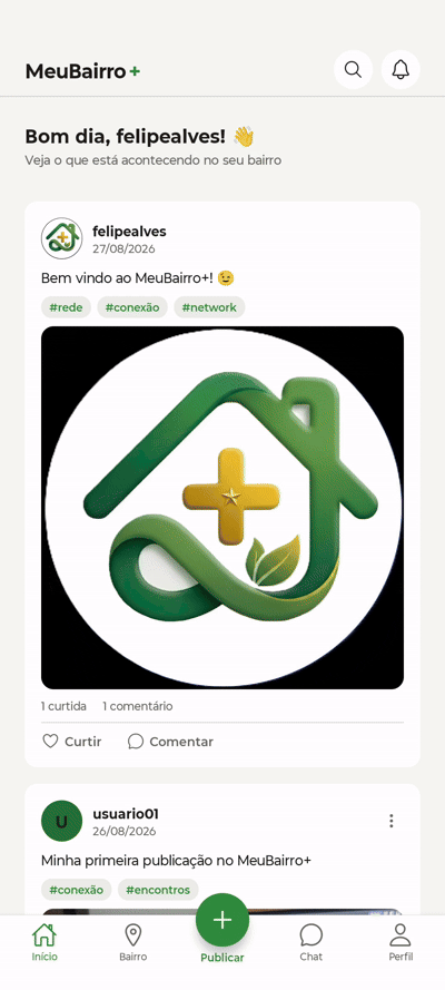 Demonstração do feed de posts do bairro no app MeuBairro+