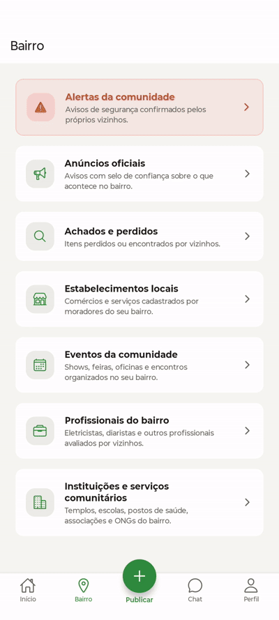 Demonstração da busca de profissionais do bairro no app MeuBairro+